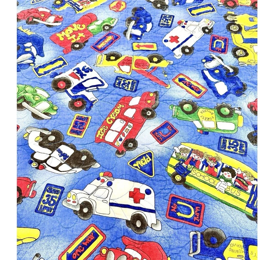 Vintage Quilted Baby Blanket Transportation School Bus Road‎ Signs 28x40 Blue